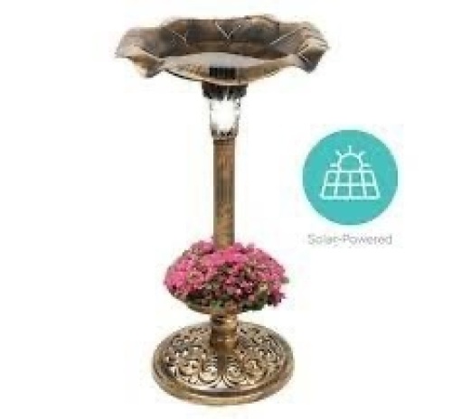 Solar Lighted Bird Bath w/ Planter - Lot 1404