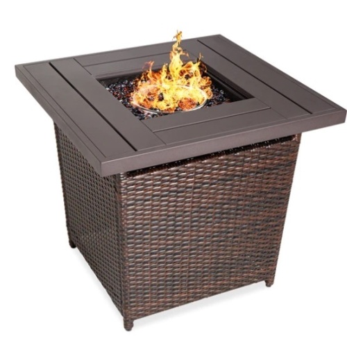 28in Fire Pit Table 50,000 BTU Wicker Propane w/ Faux Wood Tabletop, Cover,NEW - Lot 182