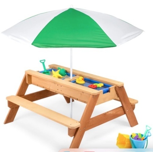 3-in-1 Kids Sand & Water Table Outdoor Wood Picnic Table w/ Umbrella,NEW - Lot 185