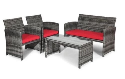 4-Piece Wicker Patio Conversation Set with Red Cushions - Lot 187