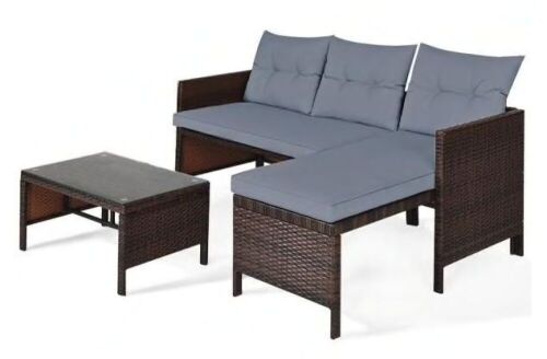 3-Piece Wicker Patio Conversation Set with Gray Cushions - Lot 413