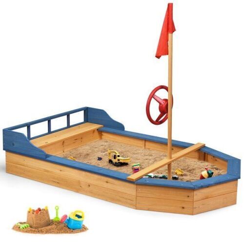 Kids Pirate Boat Wood Sandbox w/ Bench Seat & Flag  - Lot 707