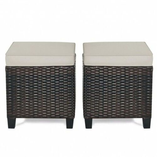 2 Pcs Patio Rattan Ottoman Cushioned Seat Foot Rest-Khaki - Lot 1108