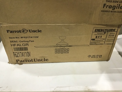 Parrot Uncle Huber 52 in. Indoor Chrome Downrod Mount Crystal Chandelier Ceiling Fan With Light and Remote Control F6217A110V - Lot 481