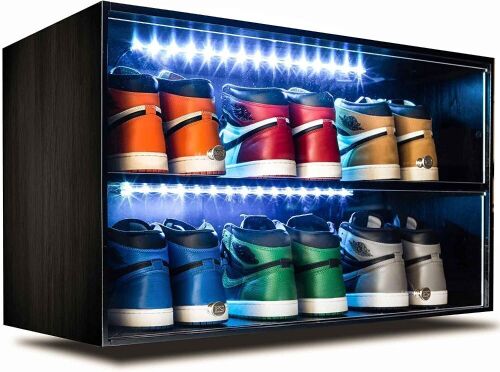 Sneaker Throne Sleek Wood Shoe Shelf with Sliding Doors, Lights - Lot 738