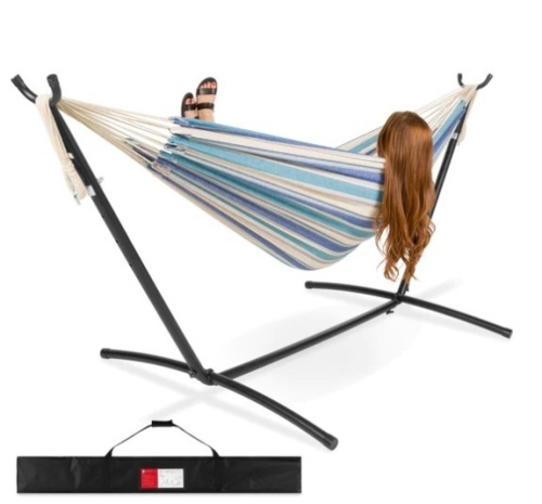 2-Person Brazilian-Style Double Hammock w/ Carrying Bag and Steel Stand, Appears New - Lot 190