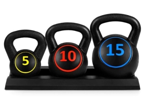 3-Piece Kettlebell Exercise Fitness Weight Set w/ Storage Rack, Ecommerce Return - Lot 192
