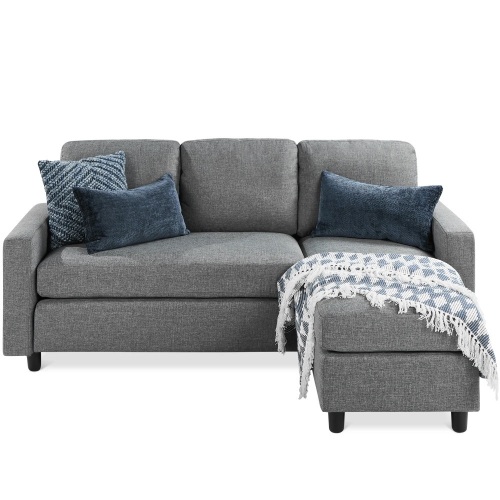 Linen Sectional Sofa Couch w/ Chaise Lounge, Reversible Ottoman Bench - Lot 176