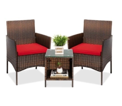 3-Piece Outdoor Patio Wicker Bistro Set, Brown/Red - Lot 337
