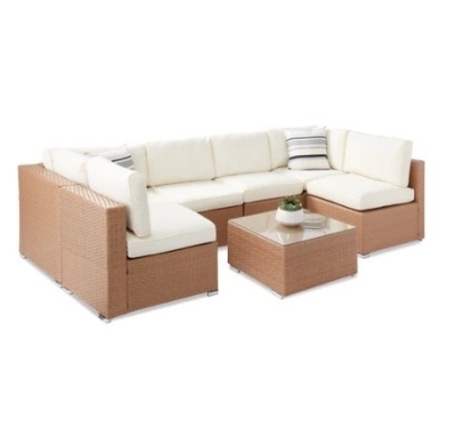 7-Piece Modular Wicker Sectional Conversation Set, Natural/Ivory - Lot 340