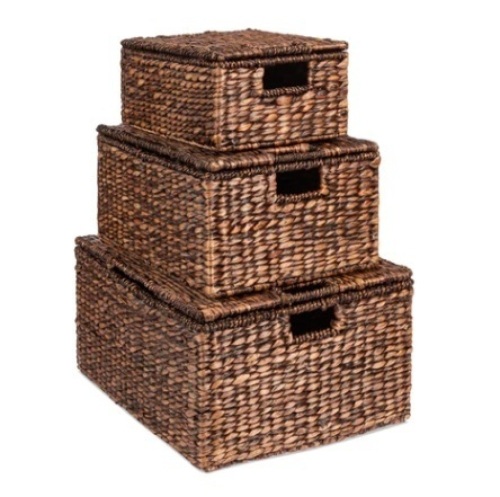 Set of 3 Large Hyacinth Storage Baskets w/ Handles, Lid, 21", 20", 18", Espresso - Lot 359