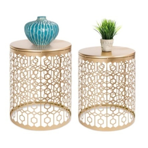 Set of 2 Decorative Round Side Accent Table Nightstands w/ Nesting Design, Gold - Lot 380