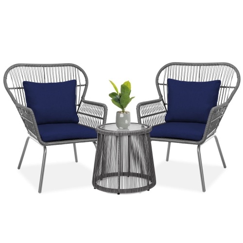 3-Piece Patio Wicker Conversation Bistro Set w/ 2 Chairs, Glass Top Table - Lot 198
