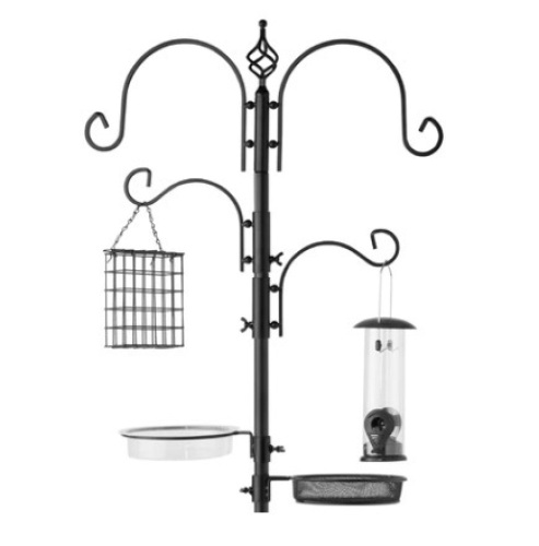 4-Hook Bird Feeding Station, Steel Feeder Stand w/ 2 Bird Feeders, 91in, Black - Lot 300