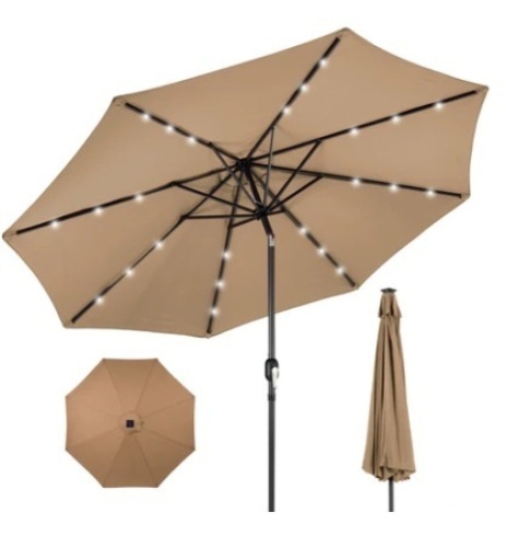 Solar LED Lighted Patio Umbrella,10ft, Tan - Lot 693