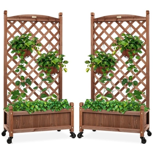 Set of 2 Wood Planter Box & Lattice Trellis w/ Optional Wheels - 48in - Lot 409