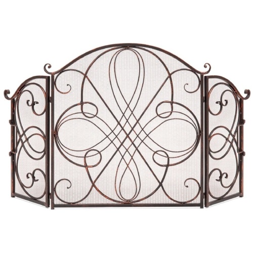 3-Panel Wrought Iron Metal Fireplace Screen Cover w/ Scroll Design - 55x33in - Lot 530