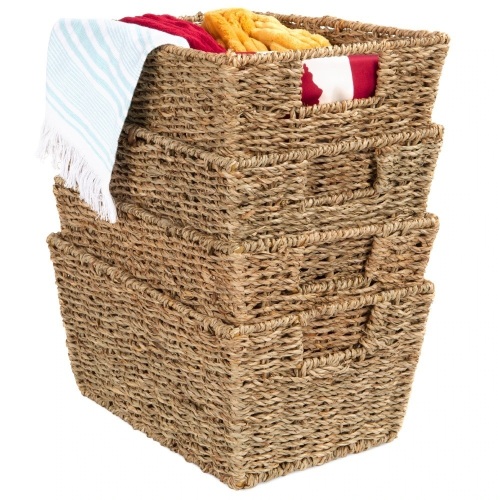 Set of 4 Seagrass Storage Tote Baskets, Laundry Organizer w/ Insert Handles - Lot 566