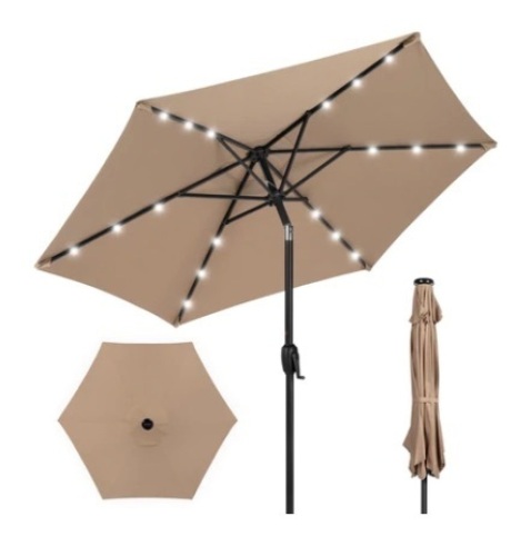 Outdoor Solar Patio Umbrella, 7.5ft, Tan - Lot 659