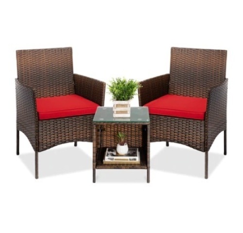 3-Piece Outdoor Patio Wicker Bistro Set, Brown/Red - Lot 625