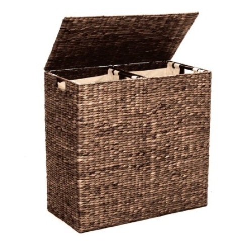 Extra Large Water Hyacinth Double Laundry Hamper Basket w/ 2 Liner Bags, Espresso - Lot 621
