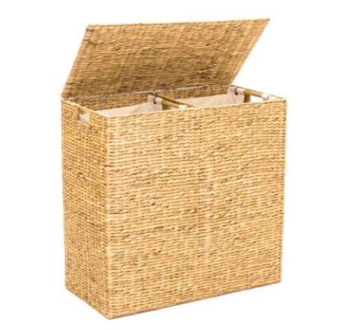 Extra Large Water Hyacinth Double Laundry Hamper Basket w/ 2 Liner Bags, Brown - Lot 622