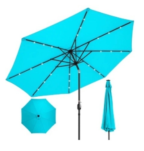 Solar LED Lighted Patio Umbrella w/ Tilt Adjustment, UV-Resistance, 10ft, Light Blue - Lot 604