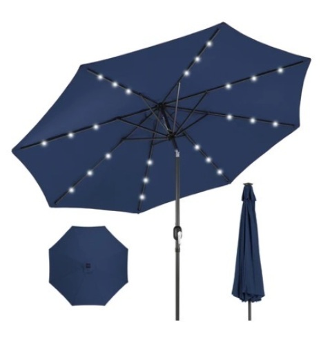Solar LED Lighted Patio Umbrella, 10ft, Navy Blue - Lot 605