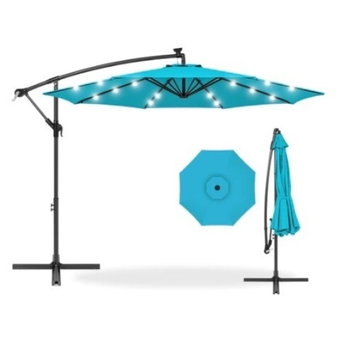 Solar LED Offset Hanging Patio Umbrella, 10ft, Sky Blue - Lot 702