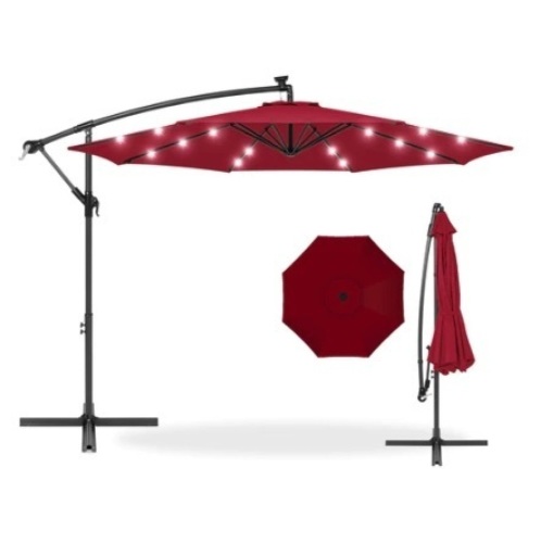 Solar LED Offset Hanging Patio Umbrella,10ft, Burgundy - Lot 705