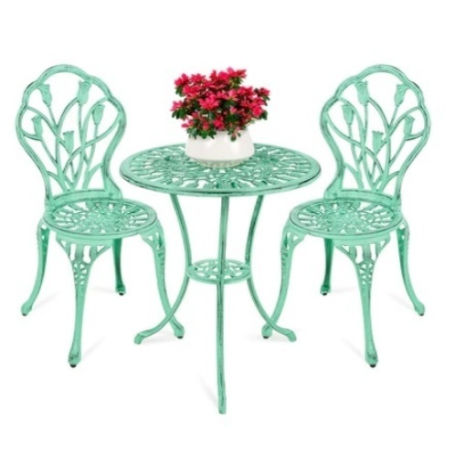 3-Piece Cast Aluminum Patio Bistro Furniture Set, Teal - Lot 711