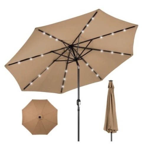Solar LED Lighted Patio Umbrella, 10ft, Tan - Lot 721