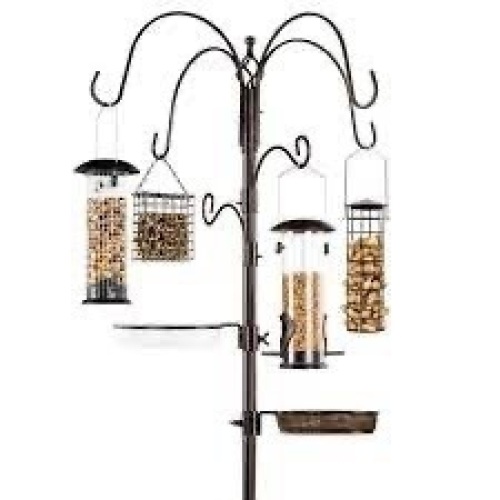 Bird Feeding Station, 6-Hook Steel Multi-Feeder Stand w/ 4 Feeders - 89in - Lot 630