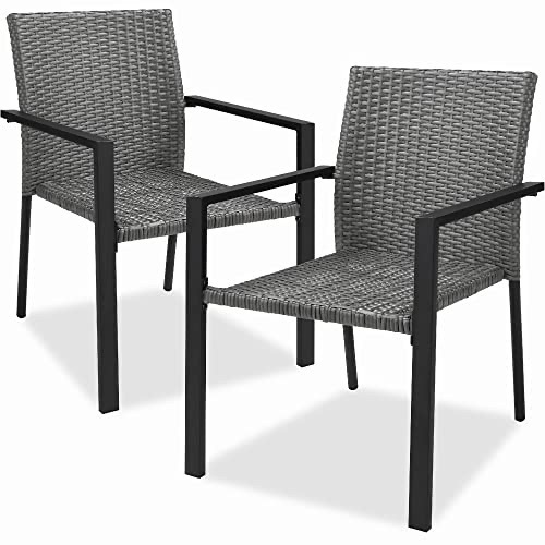 Set of 2 Stackable Outdoor Wicker Dining Chairs All-Weather Firepit Armchair w/Armrests, Steel Frame for Patio, Deck, Garden, Yard - Gray - Lot 771