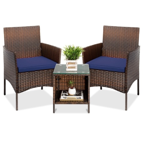 3-Piece Outdoor Patio Wicker Bistro Set w/ Side Storage Table - Lot 842