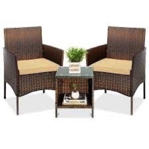 3-Piece Outdoor Patio Wicker Bistro Set w/ Side Storage Table - Lot 928