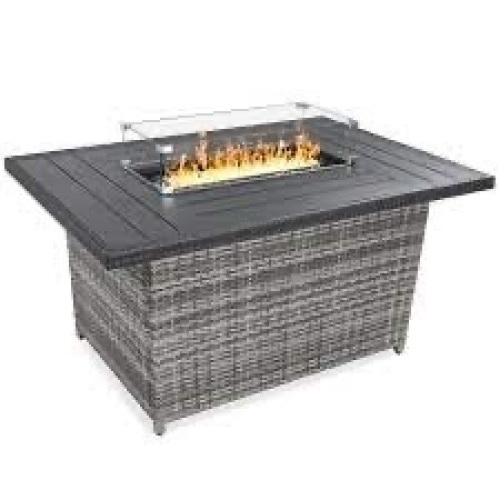 Wicker Propane Fire Pit Table, 50,000 BTU w/ Glass Wind Guard, Cover - 52in - Lot 1513
