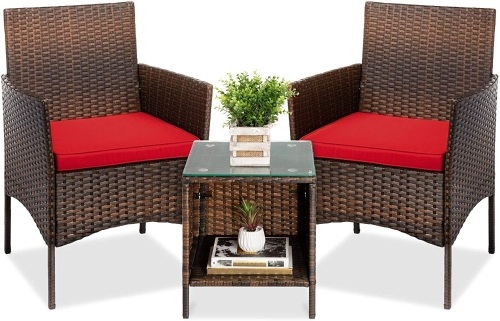Best Choice Products 3-Piece Outdoor Wicker Conversation Bistro Set, Space Saving Patio Furniture for Yard, Garden w/ 2 Chairs, 2 Cushions, Side Storage Table - Brown/Red - Lot 1523