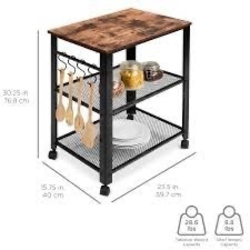 3-Tier Microwave Cart Rolling Utility Serving Cart w/ 2 Shelves, 4 Hooks - Lot 1526