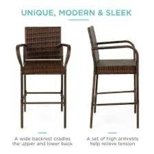Set of 2 Indoor Outdoor Wicker Bar Stools w/ Cushion, Footrests, Armrests - Lot 1533
