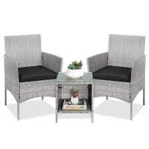 3-Piece Outdoor Patio Wicker Bistro Set w/ Side Storage Table - Lot 1588