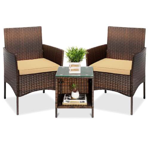 3-Piece Outdoor Patio Wicker Bistro Set w/ Side Storage Table - Lot 1612