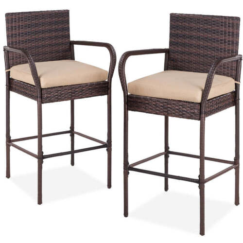 Set of 2 Indoor Outdoor Wicker Bar Stools w/ Cushion, Footrests, Armrests (Missing 1 stool) - Lot 1670