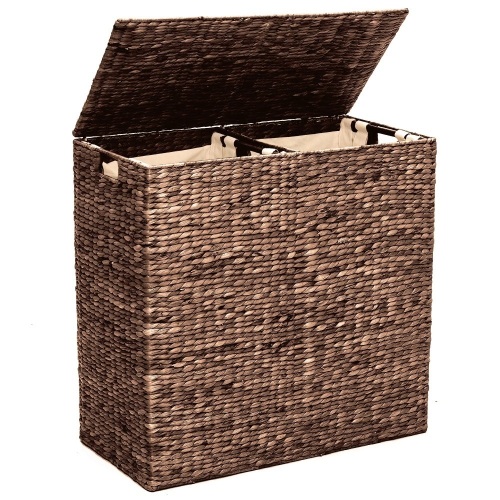 Extra Large Water Hyacinth Double Laundry Hamper Basket w/ 2 Liner Bags - Lot 1713
