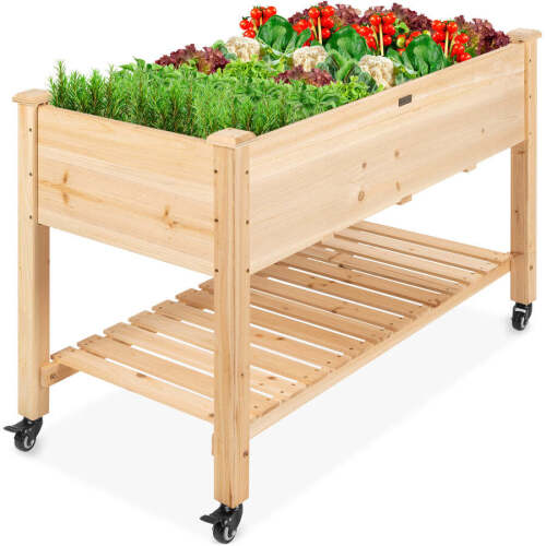Mobile Raised Garden Bed Elevated Wood Planter w/ Wheels, Storage Shelf - Lot 1859