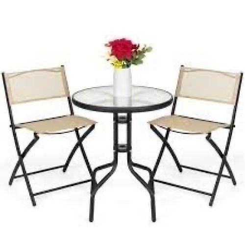 3-Piece Bistro Set w/ Glass Table, 2 Foldable Chairs - Lot 1800