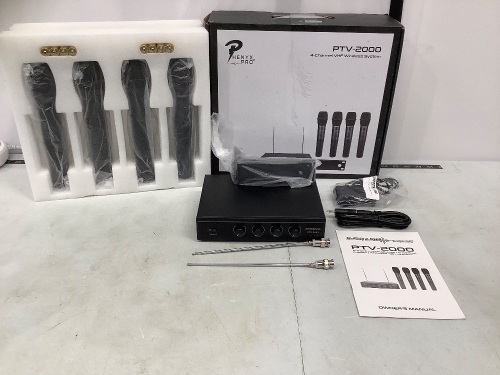 Phenyx Pro (PTV-2000) 4-Channel Wireless Microphone System with 4 Handheld Mics, Metal Receiver, Long Distance Operation, New, Untested, Retail - $189.99 - Lot 41