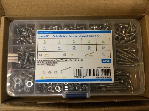Case of (30) iExcell 620 Pcs Stainless Steel 304 M4 Hex Socket Button Head Cap Screws Bolts Nuts Washers Assortment Kits - New  - Lot 309