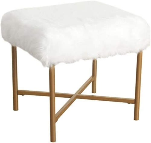 HomePop Faux Fur Square Stool with Metal Legs, White - Appears New   - Lot 1014
