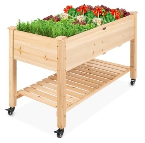 Mobile Raised Garden Bed w/ Wheels & Storage Shelf